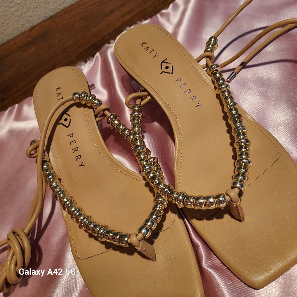 Katy Perry Collections Tan Beaded T-Strap Sandals